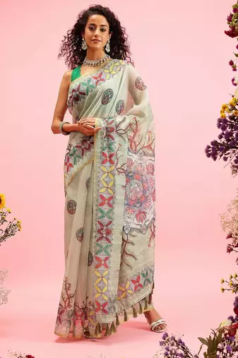 Green printed cotton blend ethnic saree with blouse piece