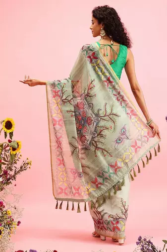 Green printed cotton blend ethnic saree with blouse piece