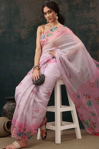 Pink printed cotton blend ethnic saree with blouse piece