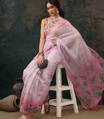 Pink printed cotton blend ethnic saree with blouse piece