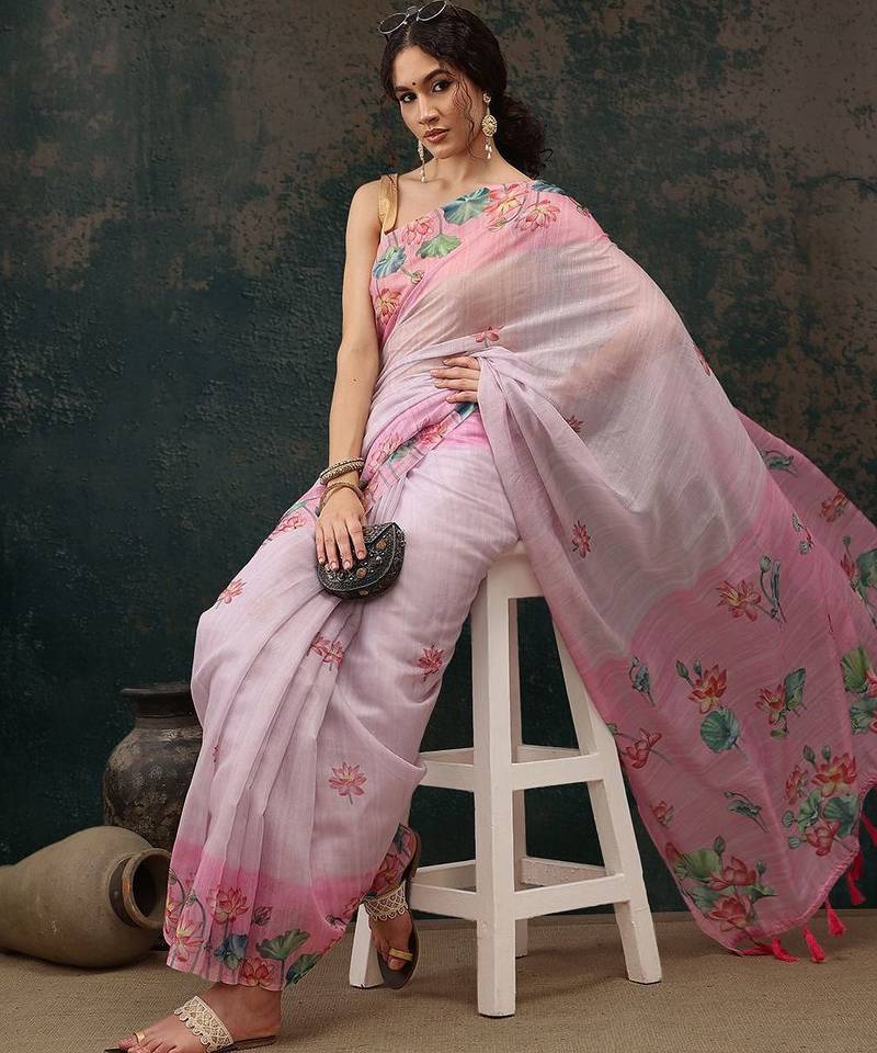Pink printed cotton blend ethnic saree with blouse piece