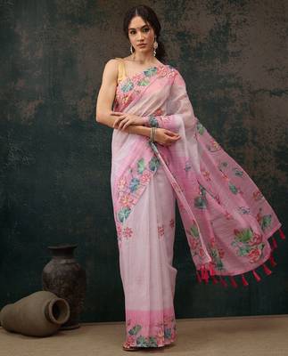 Pink printed cotton blend ethnic saree with blouse piece 2