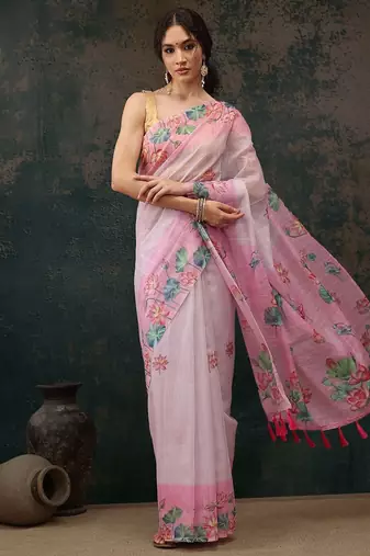 Pink printed cotton blend ethnic saree with blouse piece