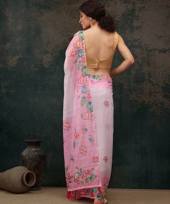 Pink printed cotton blend ethnic saree with blouse piece 3