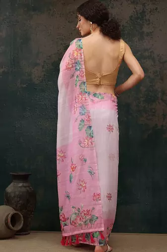 Pink printed cotton blend ethnic saree with blouse piece