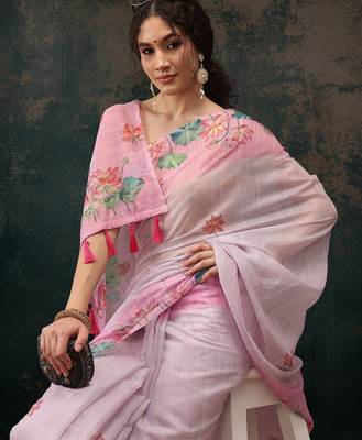 Pink printed cotton blend ethnic saree with blouse piece 4