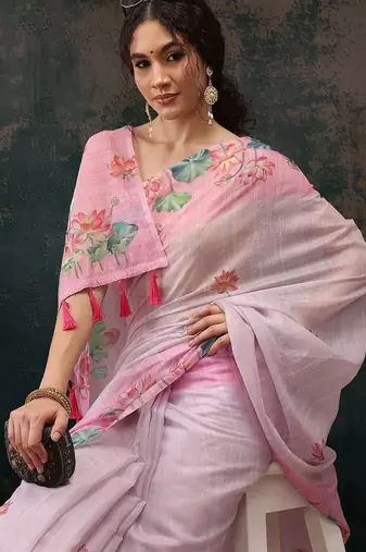 Pink printed cotton blend ethnic saree with blouse piece