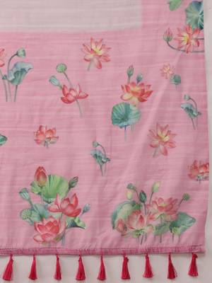 Pink printed cotton blend ethnic saree with blouse piece 5