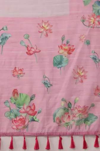 Pink printed cotton blend ethnic saree with blouse piece