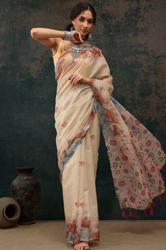 Beige printed cotton blend ethnic saree with blouse piece