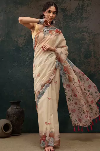 Beige printed cotton blend ethnic saree with blouse piece