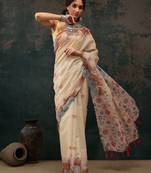 Beige printed cotton blend ethnic saree with blouse piece