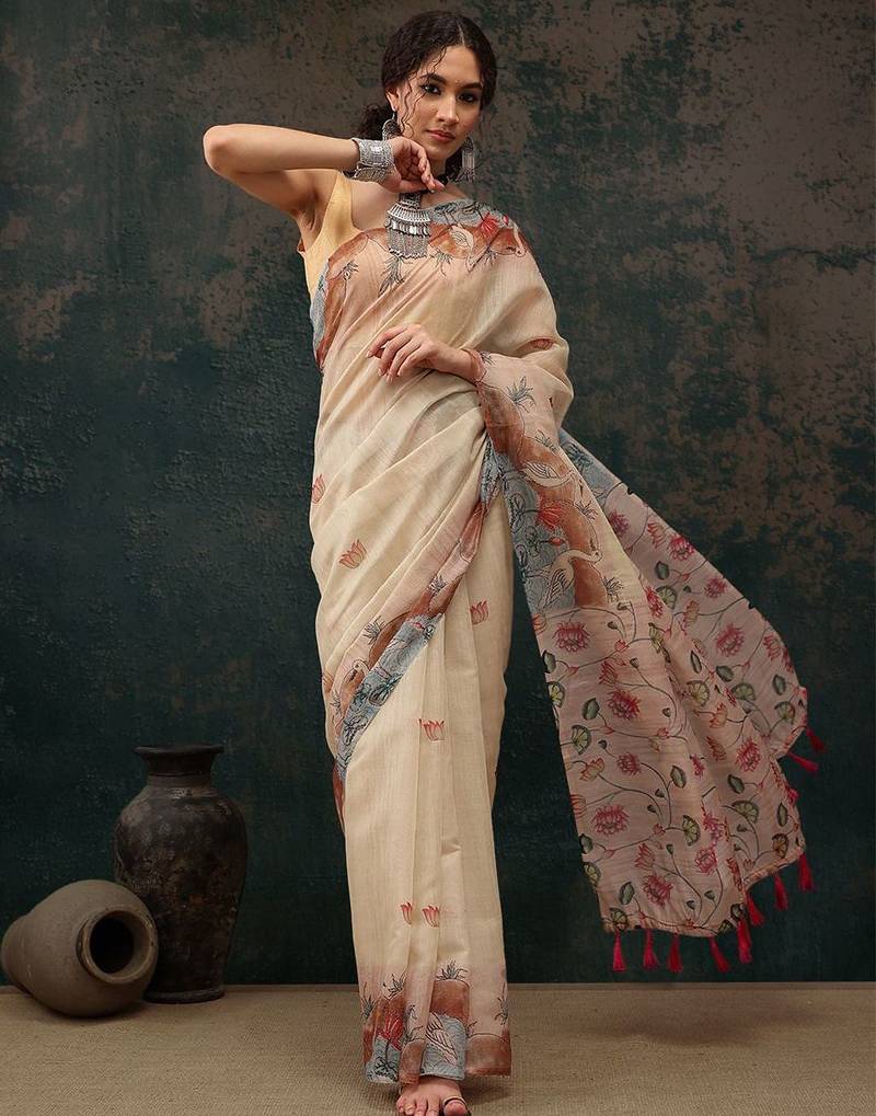 Beige printed cotton blend ethnic saree with blouse piece