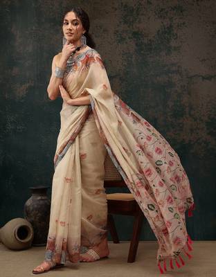 Beige printed cotton blend ethnic saree with blouse piece 2