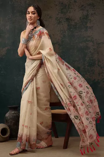 Beige printed cotton blend ethnic saree with blouse piece