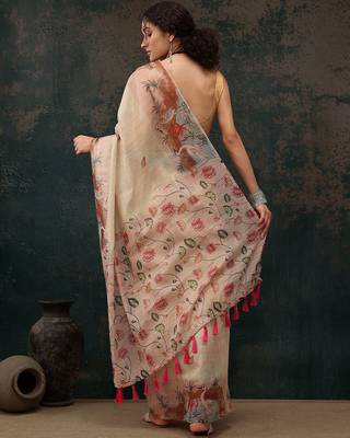 Beige printed cotton blend ethnic saree with blouse piece 3