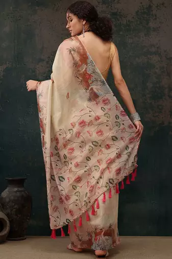 Beige printed cotton blend ethnic saree with blouse piece