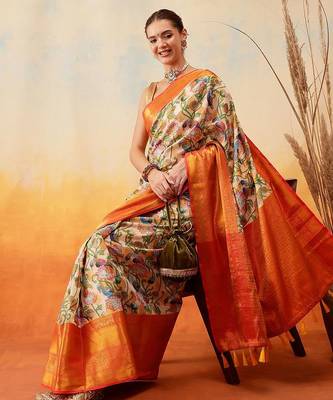 Blue plain art silk traditional saree with blouse piece 1