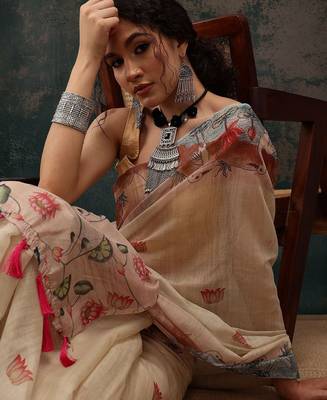 Beige printed cotton blend ethnic saree with blouse piece 4