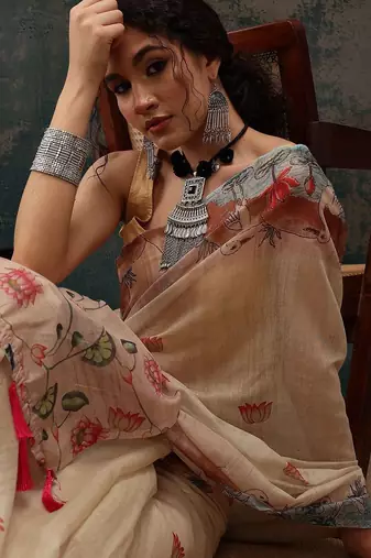 Beige printed cotton blend ethnic saree with blouse piece