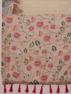 Beige printed cotton blend ethnic saree with blouse piece 5