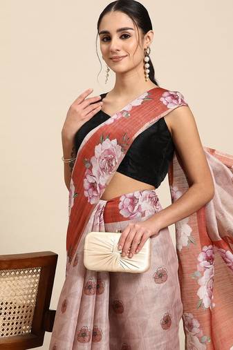 Peach printed cotton blend ethnic saree with blouse piece