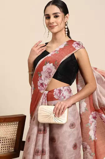 Peach printed cotton blend ethnic saree with blouse piece