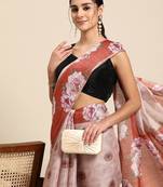 Peach printed cotton blend ethnic saree with blouse piece