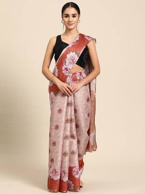 Peach printed cotton blend ethnic saree with blouse piece 2