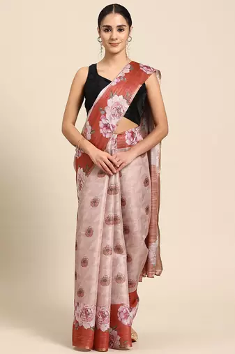 Peach printed cotton blend ethnic saree with blouse piece