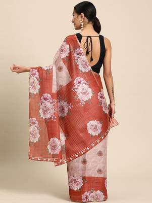 Peach printed cotton blend ethnic saree with blouse piece 3