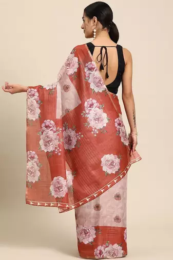 Peach printed cotton blend ethnic saree with blouse piece