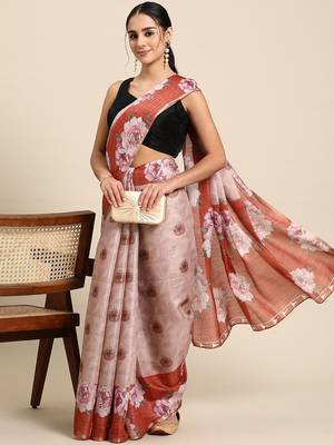 Peach printed cotton blend ethnic saree with blouse piece 4
