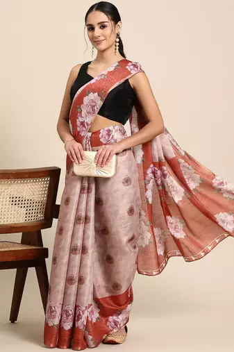 Peach printed cotton blend ethnic saree with blouse piece