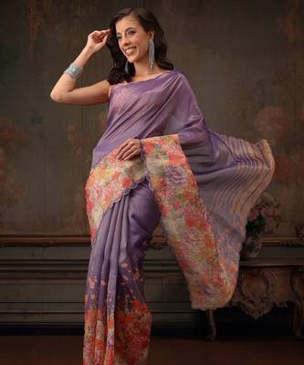 Lavender printed tissue traditional saree with blouse piece 2