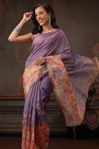 Lavender printed tissue traditional saree with blouse piece