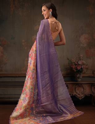 Lavender printed tissue traditional saree with blouse piece 3