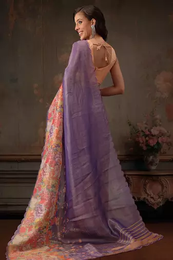 Lavender printed tissue traditional saree with blouse piece