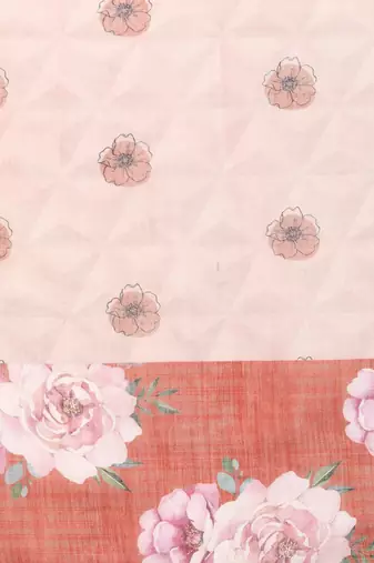 Peach printed cotton blend ethnic saree with blouse piece