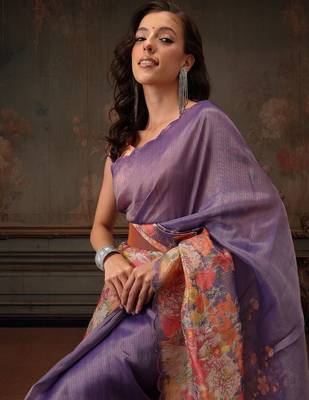 Lavender printed tissue traditional saree with blouse piece 4