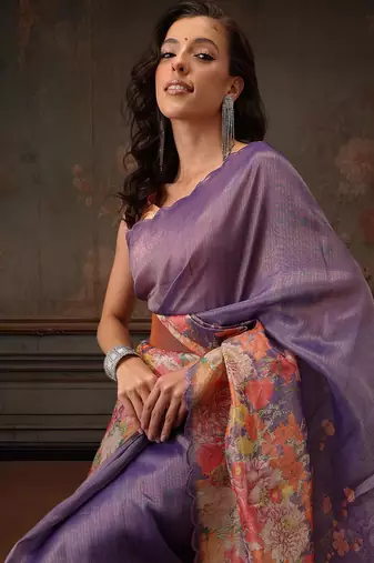 Lavender printed tissue traditional saree with blouse piece