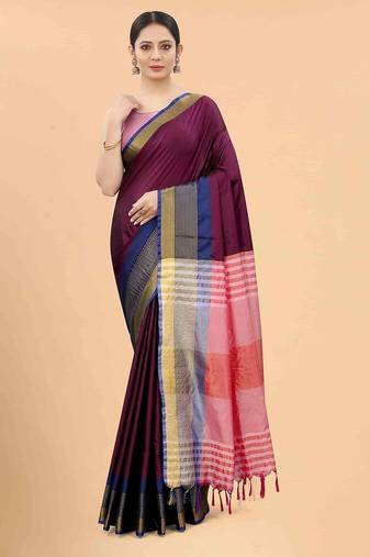 Purple plain art silk traditional saree with blouse piece