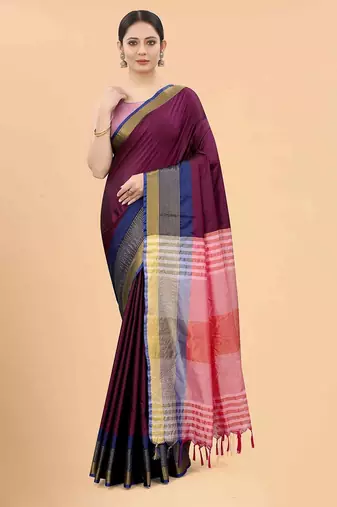 Purple plain art silk traditional saree with blouse piece