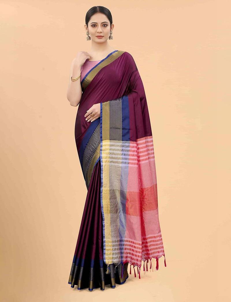 Purple plain art silk traditional saree with blouse piece