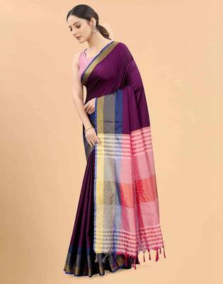 Purple plain art silk traditional saree with blouse piece 2