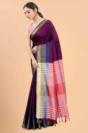 Purple plain art silk traditional saree with blouse piece