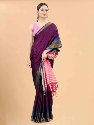 Purple plain art silk traditional saree with blouse piece 4