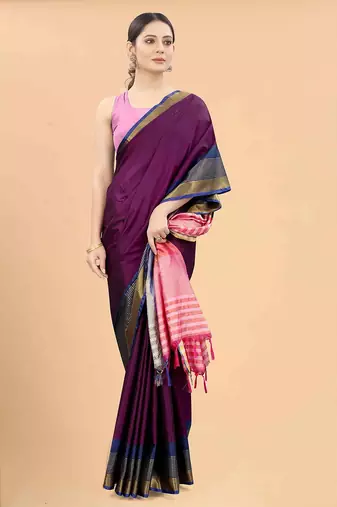 Purple plain art silk traditional saree with blouse piece