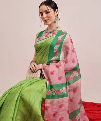 Green printed silk cotton ethnic saree with blouse piece 1