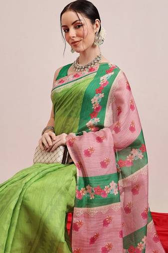 Green printed silk cotton ethnic saree with blouse piece